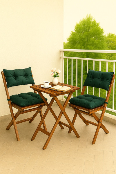 Reyo Ceviz Yeşil Gürgen Katlanır Minderli 3'lü Bistro Set Balkon Bahçe Masa S...