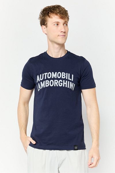 Lamborghini Men Crew Neck Short Sleeves Brand Logo T-Shirt, Navy