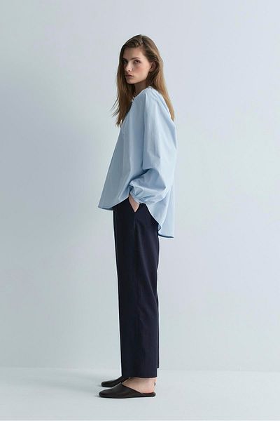 Suud Collection Navy Blue Zoe Linen Trousers with Elastic Waist