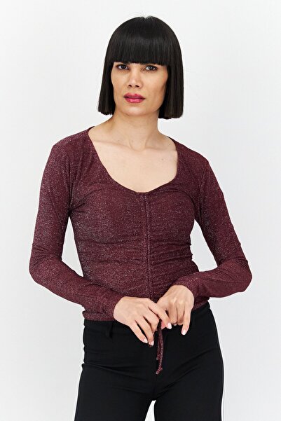 Ultra Flirt بلوزة نسائية معدنية بأكمام طويلة ورقبة على شكل حرف V، لون عنابي