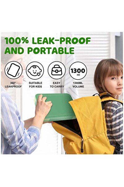 COOYA Large Children's Lunch Box, 1300 Ml, With 5 Compartments and Cutlery, Safe, 23x17x4.8 Cm, Green