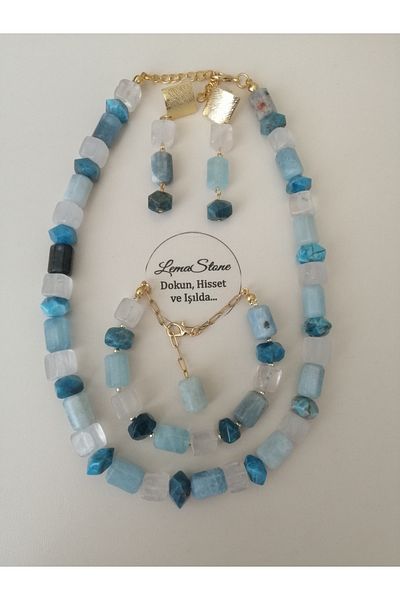 LemaStone Natural Stone Necklace ,Bracelet, Earring Set;Aaquality Amozonite,Apatite and Crystal Quartz