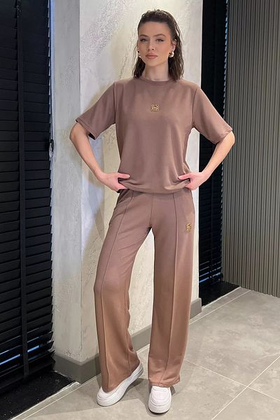 GÜLSELİ Brown Women's Gold Buckle Detailed T-Shirt Pants Double Set