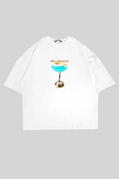 Tarzsokak أزرق مارجريتا مطبوع أبيض كبير الحجم للجنسين