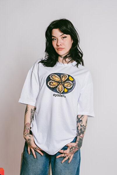 Tarzsokak Oysters Printed Oversize Unisex Alb