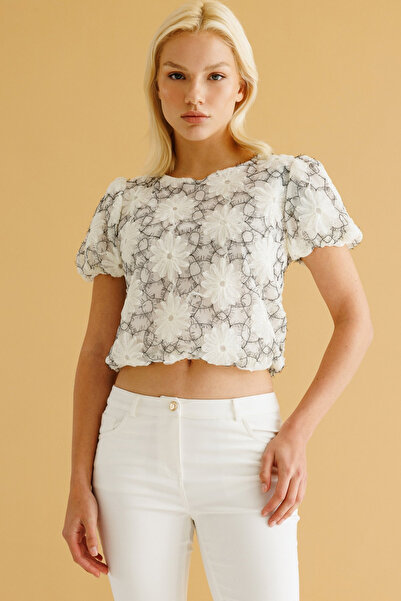 ON Bluză Florală cu mâneci balon Ecru-54361