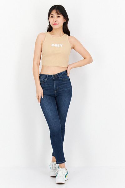 Obey Women Round Neck Sleeveless Ribbed Tank Top, Tan