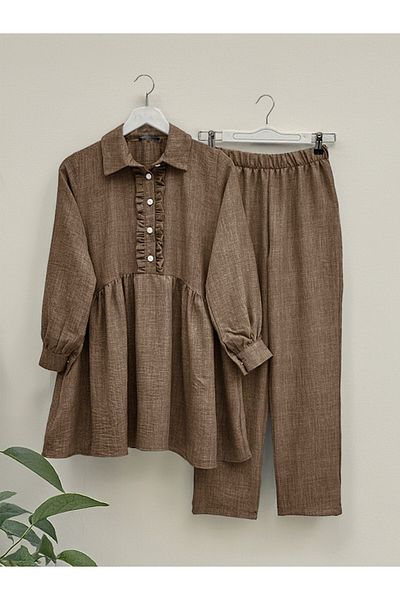 Modamorfo Ruffled Front Half Button Linen Suit - Brown