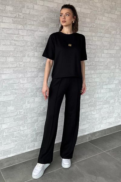 GÜLSELİ Black Women's Gold Buckle Detailed T-Shirt Pants Double Set