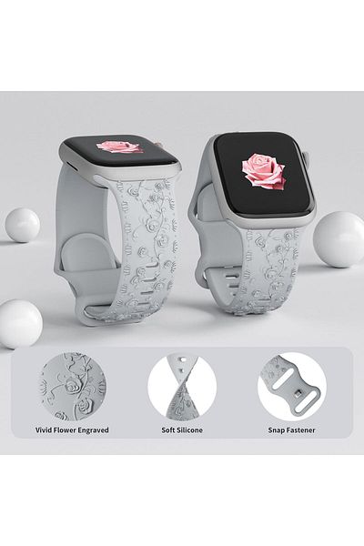REDz Accessories Curea cu trandafiri, silicon gravat, pentru Apple Watch, detalii florale, reglabilă, gri - 38/40/41 mm