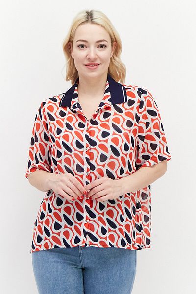 Pepe Jeans Women Spread Collar Short Sleeves Allover Print Blouse, Red Combo