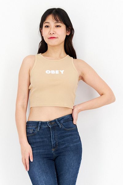 Obey Women Round Neck Sleeveless Ribbed Tank Top, Tan