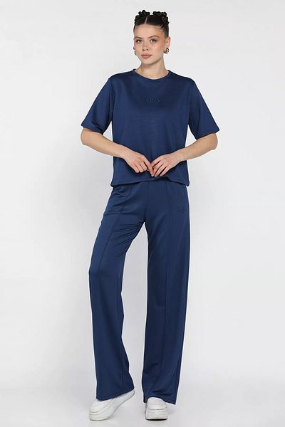 GÜLSELİ Navy Blue Women's Embroidered Grass T-Shirt Pants Double Set