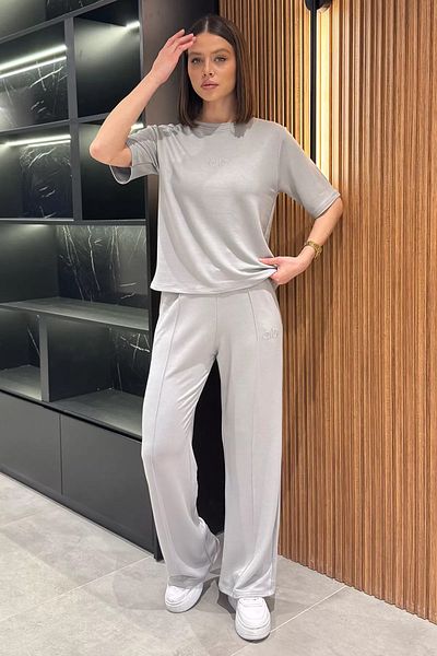 GÜLSELİ Gray Women's Embroidered Grass T-Shirt Pants Double Set