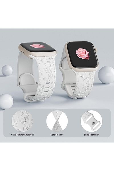 REDz Accessories Curea cu trandafiri, silicon gravat, pentru Apple Watch, detalii florale, reglabilă, albă - 38/40/41 mm