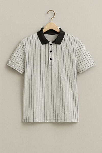 FATELLA Чоловіча кремова футболка з поло-комірцем, смугастим візерунком, комі...