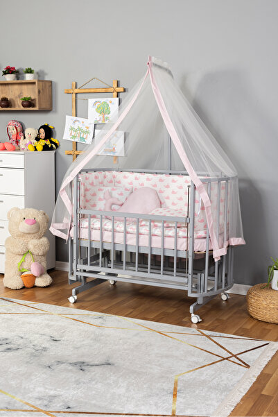 Carino Wins Ahşap Beşik Anne Yanı Yeni Doğan Papatya GRİ Bebek Beşiği PEMBE B...