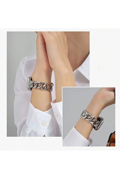 REDz Accessories Λουράκι για Apple Watch Look, Ανοξείδωτο Ατσάλι, Αλυσίδα/Κρίκοι με Κρύσταλλα, Ασημί - 44/45/46/49 mm