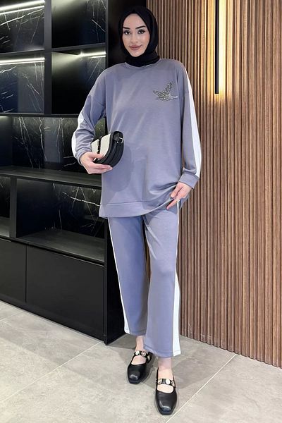 julude Γκρι Plus Size Χρώμα Γαρνιρισμένο Πέτρινο Κεντημένο Παντελόνι Hijab Σετ δύο τεμαχίων