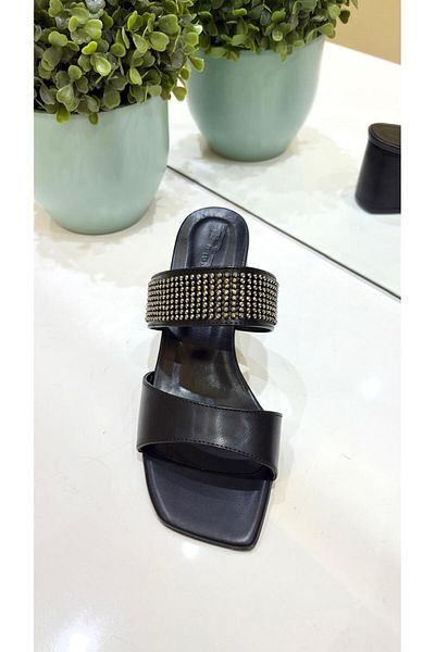 PUNTO 262096 Thick Short Heeled Double Banded Stone Slippers