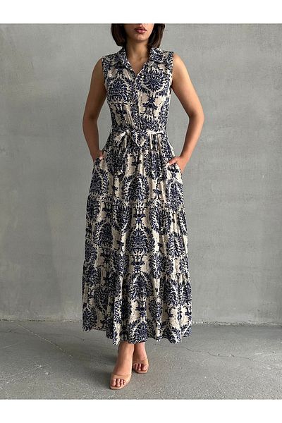 BEJNA Women's Patterned Shirt Collar Summer Maxi Dress