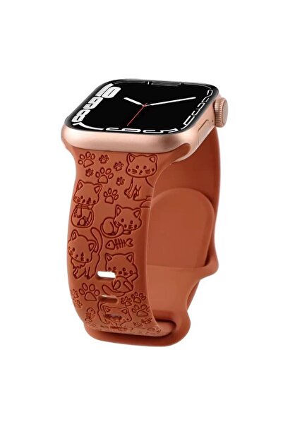 REDz Accessories Λουράκι με χαραγμένο σχέδιο γάτας, Sport, Συμβατό με Apple Watch, Ρυθμιζόμενο, Σιλικόνη, Καφέ - 38/40/41 mm