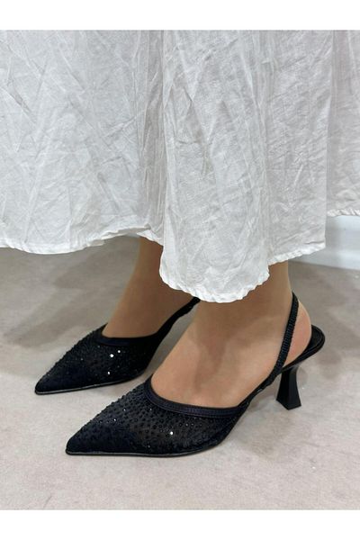 ERVANIN BUTİĞİ Black Mesh (Wedding) Stone Detailed Women's Stiletto