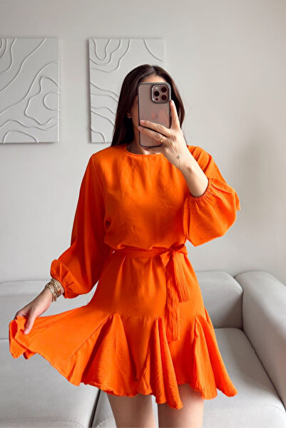 Sindimoda Etek Volanlı Mini Kuşaklı Elbise 545