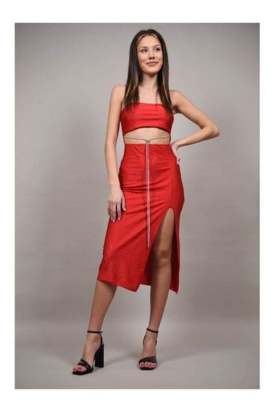 FASHIONLAND Strapless Occasion Midi Dress With Zingarello Appliques Red Xs-s