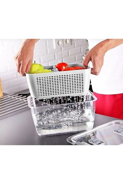 Home Set of 3 Transparent Crisper Fruit Storage Containers 9L, 5L, 2.5L with Air Circulation Strainer and Lid