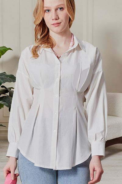 fumel women's clothing Women's Ecru Pleated Back Gimped Waist Tunik