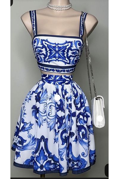 BRGCLOTHING Women's Premium Quality Blue White Patterned Strappy Square Neck Crop Top and High Waist Mini Skirt Set
