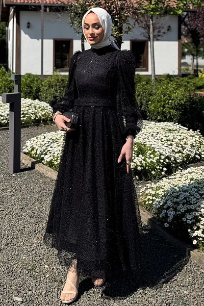 julude فستان سهرة حجاب نسائي أسود من التول والترتر والخرز