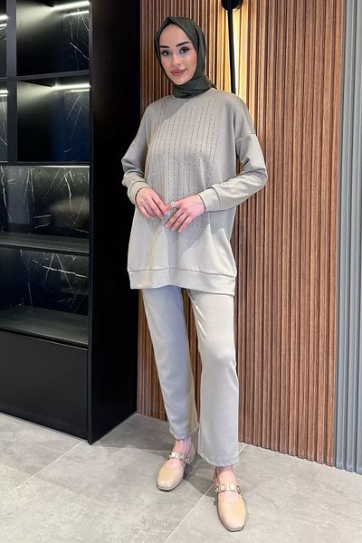 julude Σκούρο μπεζ Crew Neck μπροστινό πέτρινο Plus Size Hijab Παντελόνι Σετ δύο τεμαχίων