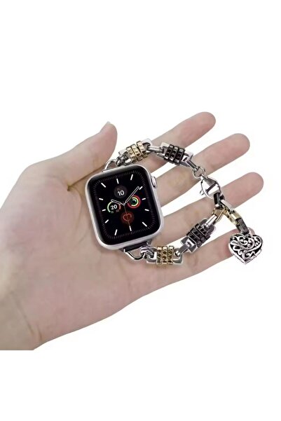 REDz Accessories Βραχιόλι για Apple Watch, Vintage εμφάνιση μενταγιόν σε σχήμα καρδιάς, λεπτό, ασημί μέταλλο, μαύρο-χρυσό - 38/40/41 mm