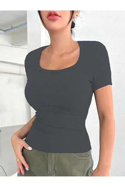 Rooted Women's Anthracite, Square Neck T-Shirt & Blouse, Lycra Ribbed Camisole Fabric