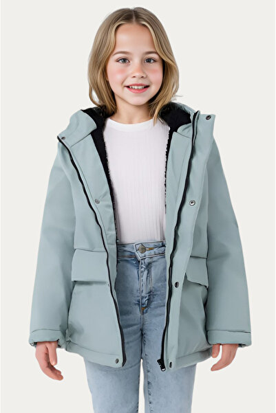 Montstop Kız Çocuk Mint Yeşili İçi Kürklü Su ve Rüzgar Geçirmez Kapüşonlu 3 Cep Kışlık Mont & Kaban & Parka