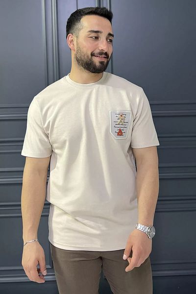 MİSHAR İTALİA Ανδρικό μπλουζάκι με στάμπα σε μπεζ λαιμόκοψη