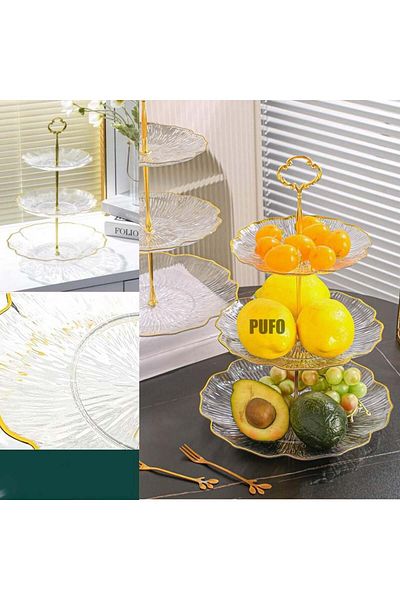 PUFO Bol de fructe de lux cu 3 niveluri, pentru prăjituri, fructe, aperitive, mâner metalic