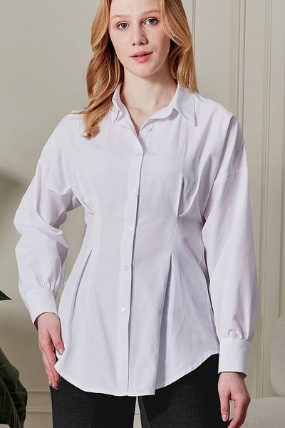 fumel women's clothing Women's White Pleated Back Gimped Waist Fitted Tunic