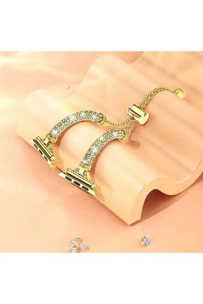 REDz Accessories Metal Strap For Apple Watch, Model With Chain/zirconia Crystals, Stainless Steel Gold - 38/40/41 Mm