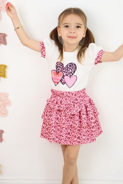 ESİLA KİDS Girl's Leopard Print 2-Piece Set Heart Print Balloon Sleeve T-Shirt and Ruffled Skirt 3-6 Years