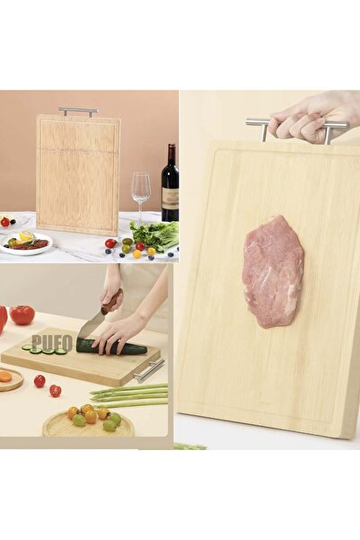 PUFO Premium bamboo wood kitchen chopping board with metal handle, brown, 39 x 24 cm