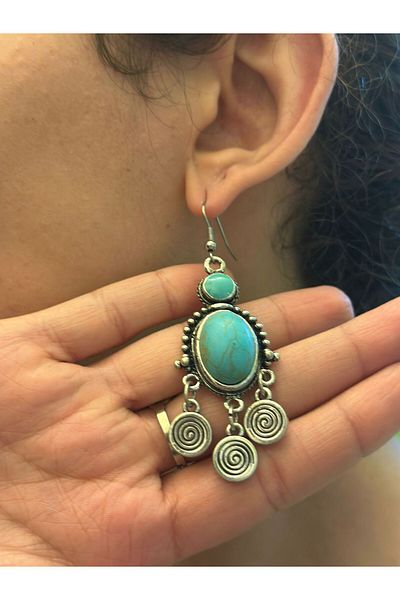 Gönülden Tasarım Ethnic Authentic Women's Earrings with Turquoise Stones 7 cm