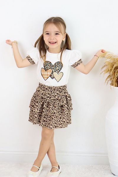 ESİLA KİDS Girl's Leopard Print 2-Piece Set Heart Print Balloon Sleeve T-Shirt and Ruffled Skirt 3-6 Years