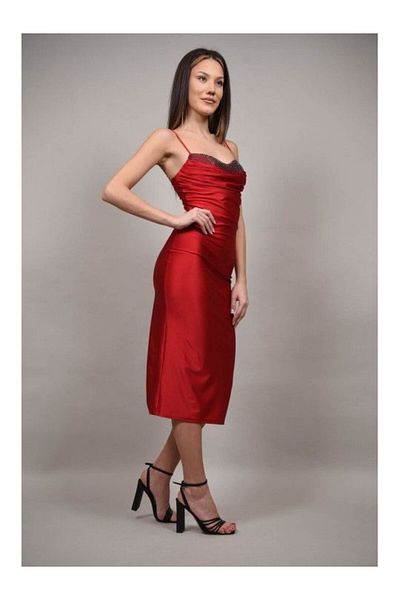 FASHIONLAND Seraphic Red Rhinestone Spaghetti Strap Occasion Dress Xs-s
