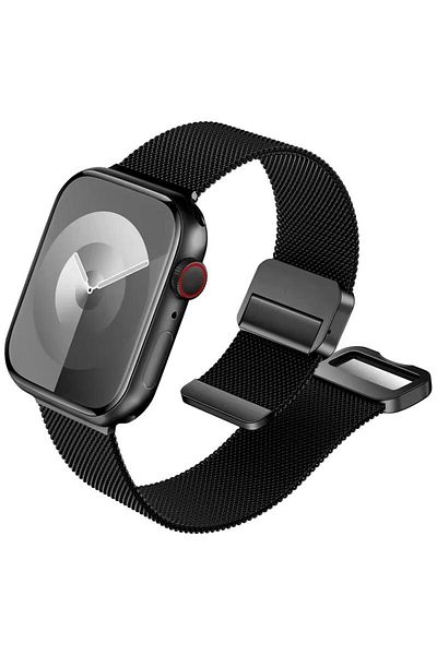 REDz Accessories Milanese Fabric Strap, Magnetic, For Apple Watch, Double Grip, Metallic, Black - 44/45/46/49 Mm