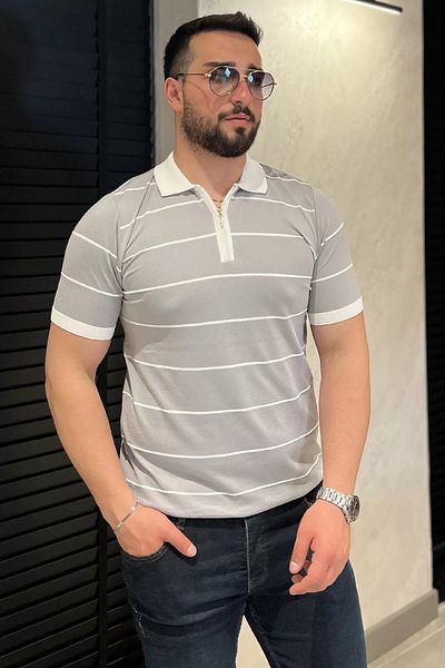 MİSHAR İTALİA Γκρι ανδρικό πλεκτό μπλουζάκι με μισό φερμουάρ με λαιμόκοψη