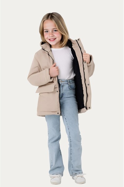 Montstop Kız Çocuk Bej İçi Kürklü Su ve Rüzgar Geçirmez Kapüşonlu 3 Cep Kışlık Mont & Kaban & Parka