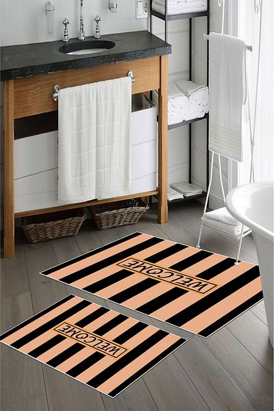 nova century Covoraș de baie lavabil din 2 piese cu bază anti-alunecare - Nova Bath Patterned 60*100 Cm - 50*60 Cm